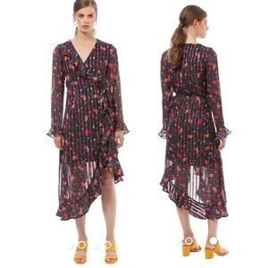 C/MEO Collective Significant Midi Wrap Dress Black Rose Floral NWT
